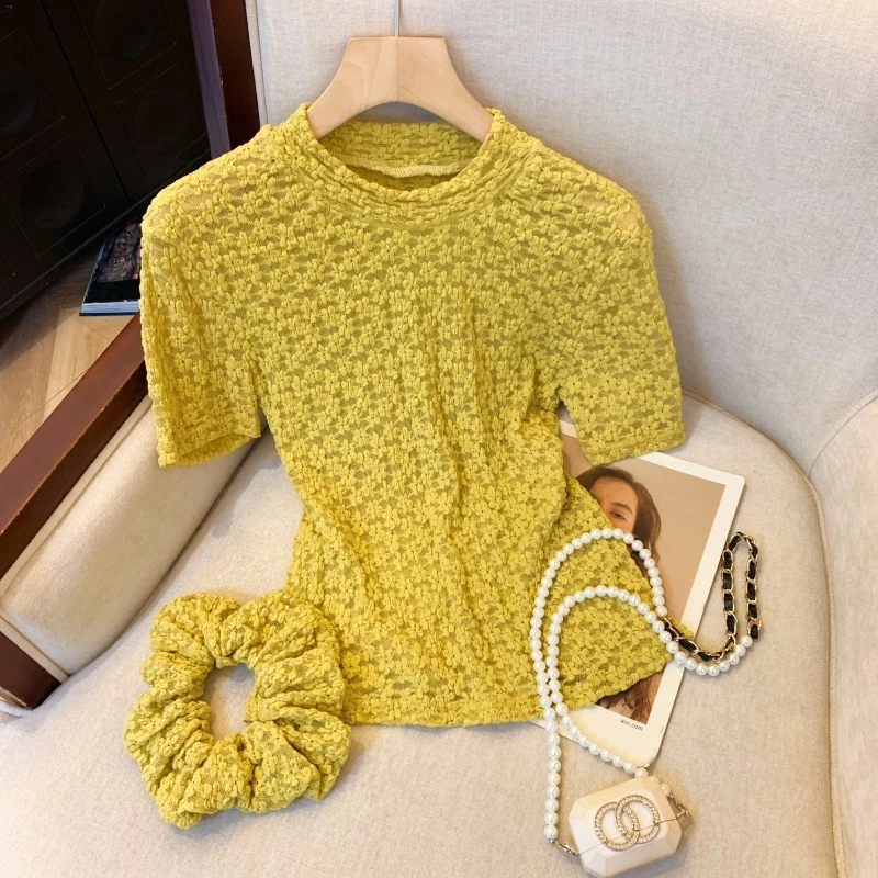 2025新款黄色提花半高领蕾丝短袖T恤女夏辣妹微透网纱上衣洋气