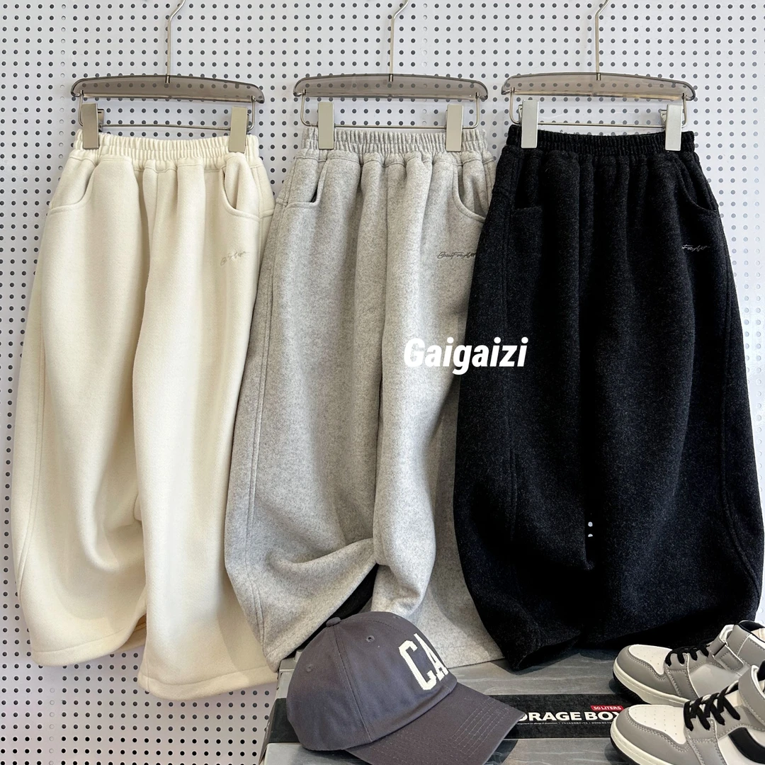 现货【云上香草】爆款秋冬毛呢加厚宽松直筒裤儿童弯刀收口休闲裤