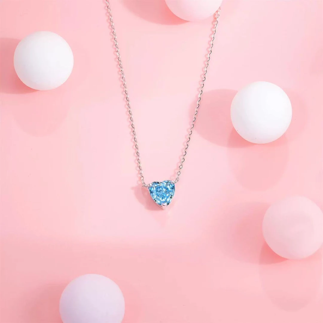 坠链均925银合成锆石 海洋之心时尚立体蓝爱心纯银项链