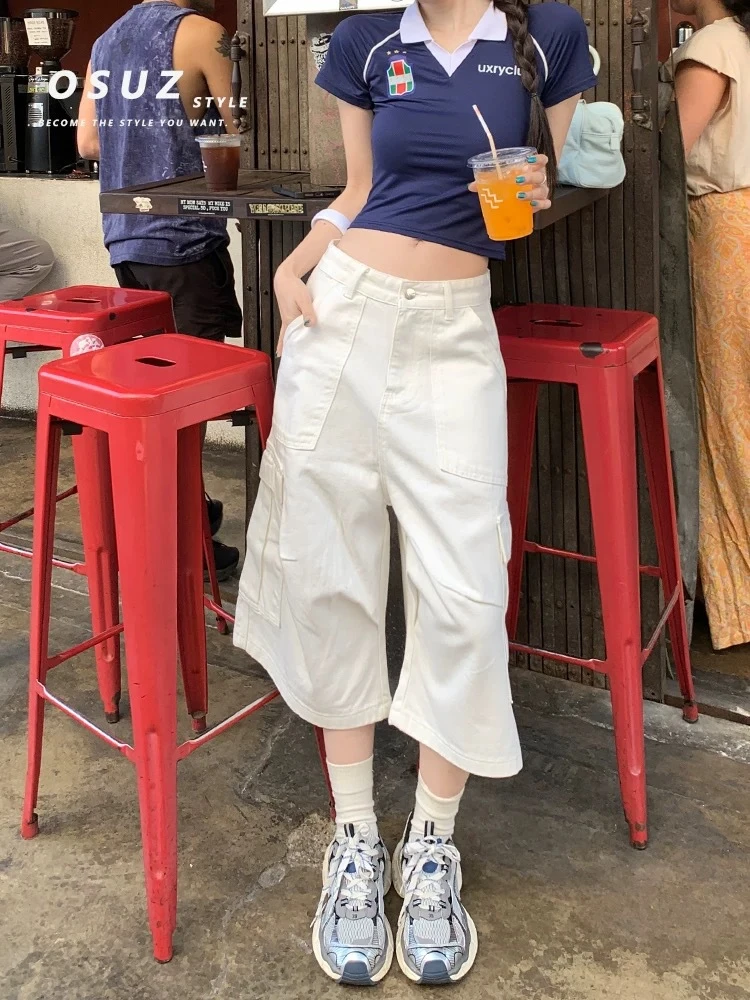 白色工装七分阔腿牛仔短裤女夏季薄款宽松显瘦多口袋休闲直筒中裤
