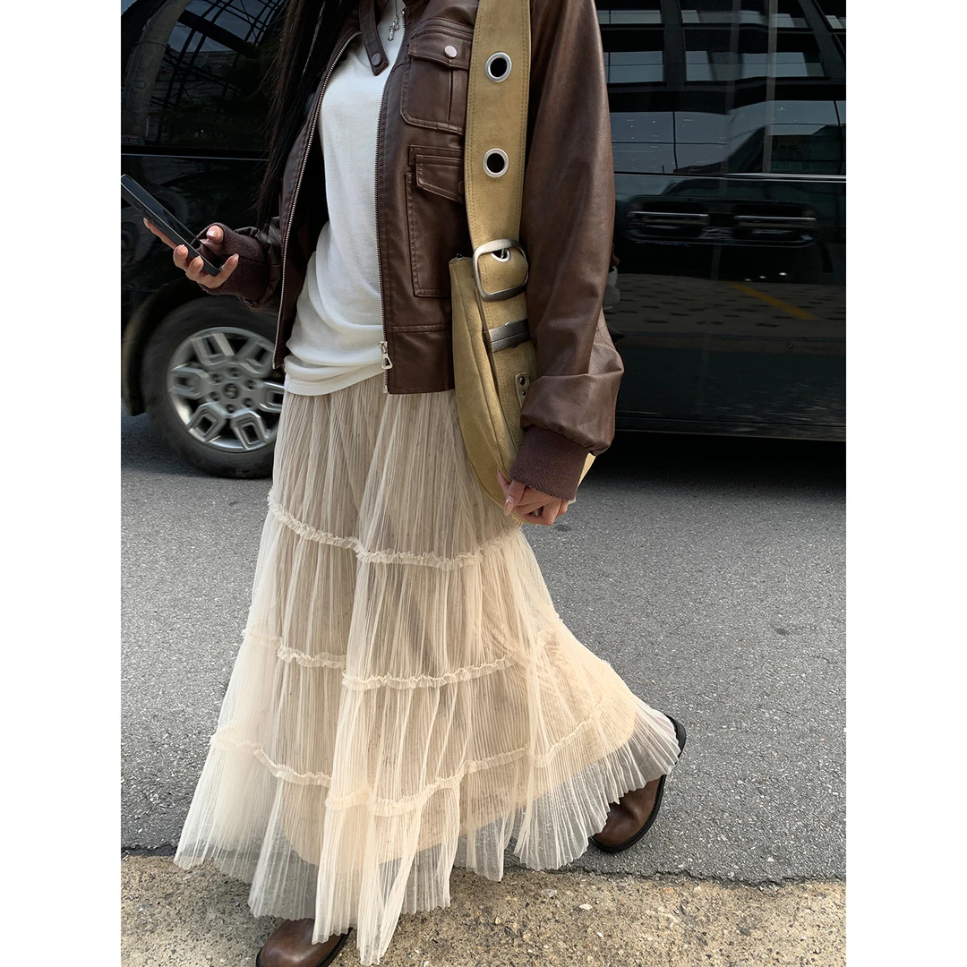 【秋日奶茶半身裙】气质温柔时尚百搭优雅米色网纱半身裙253V2352