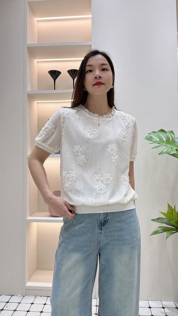 海百合提花纯色钉珠气质上衣2517#