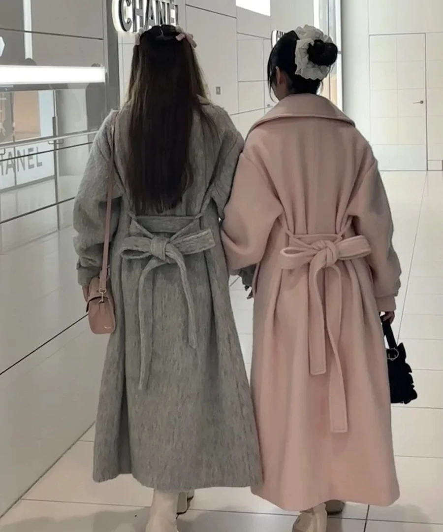 【FaFa】日系品牌 T 翻领腰带 休闲可爱 长款毛呢大衣F1029