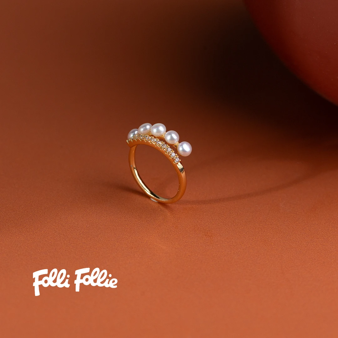 FolliFollie 淡水珍珠五珠戒指 3-4mm开口戒时尚设计款【珠珠推荐】