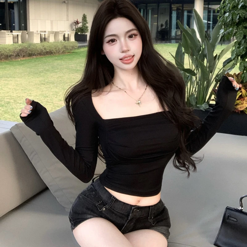 纯欲风设计感褶皱修身法式方领T恤女早秋气质性感辣妹打底衫长袖