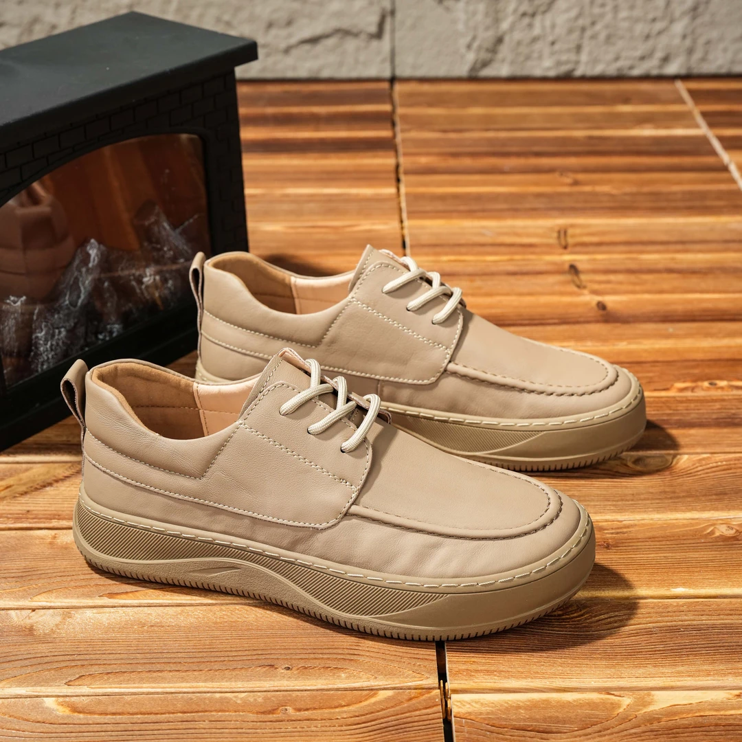 头层牛皮圆头透气系带休闲皮鞋英伦平底男士皮鞋潮流软底低帮