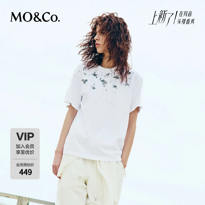 MOCO秋手工钉钻镜片圆领短袖棉质T恤白色黑色MBD3TEE014