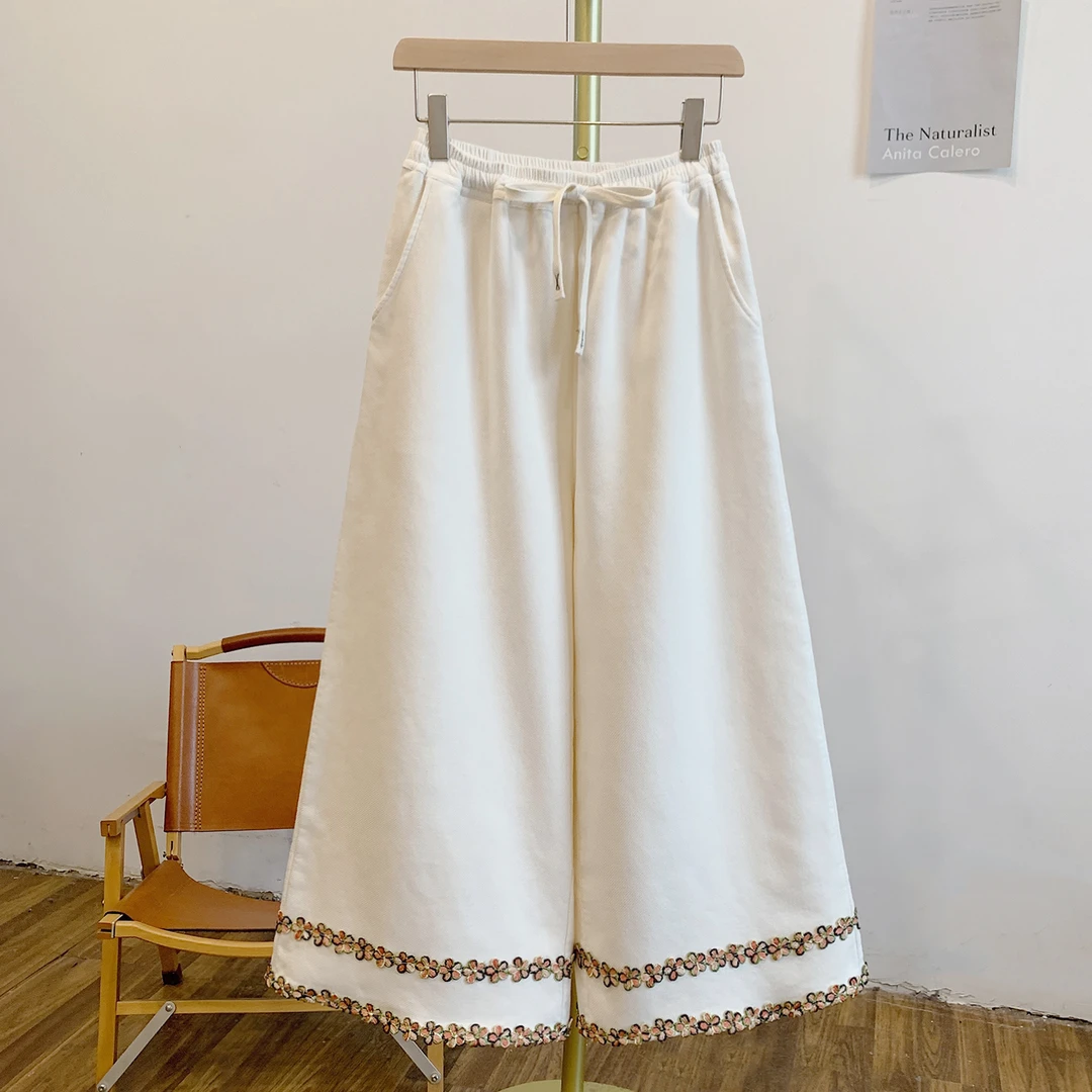 漫步花丛Y3274加绒花朵贴布松紧腰系带阔腿裤