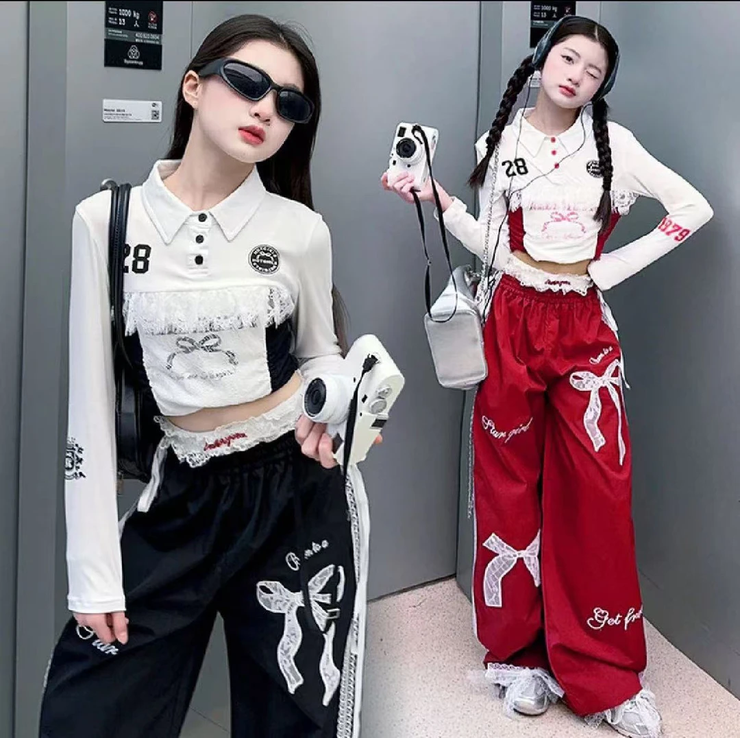 女童美式蕾丝蝴蝶结卫衣两件套2025年春季中大童新款潮酷爆款套装