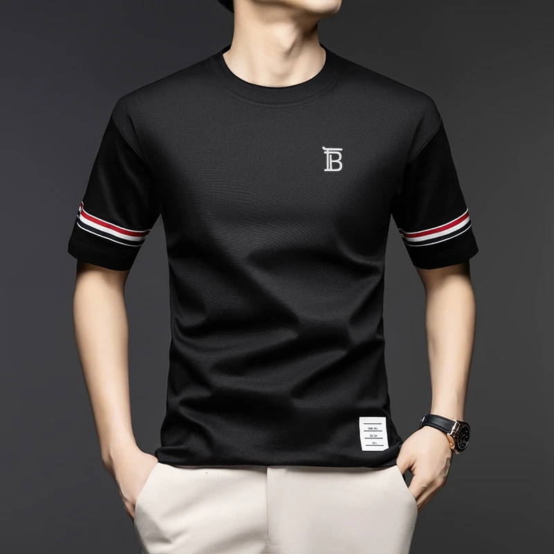 【专柜正品】高端男士轻奢纯棉短袖圆领刺绣T恤 半袖中青年男上衣