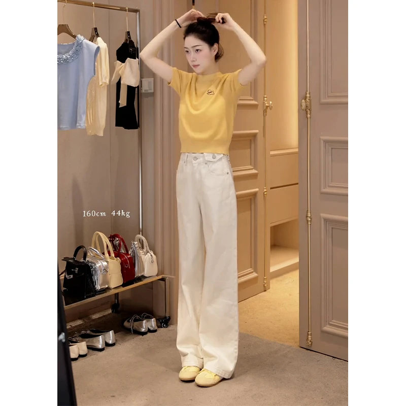 夏日绝美减龄穿搭一整套2025新款韩系绣花针织衫高腰阔腿裤两件套