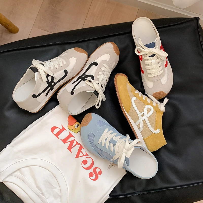 增高7cm~德训半拖鞋女厚底内增高拼色透气懒人鞋休闲包头一脚蹬