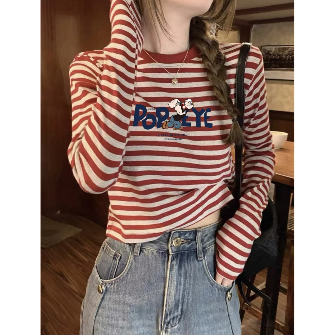 韩版撞色条纹长袖T恤女春季2025新款修身内搭休闲简约打底衫上衣