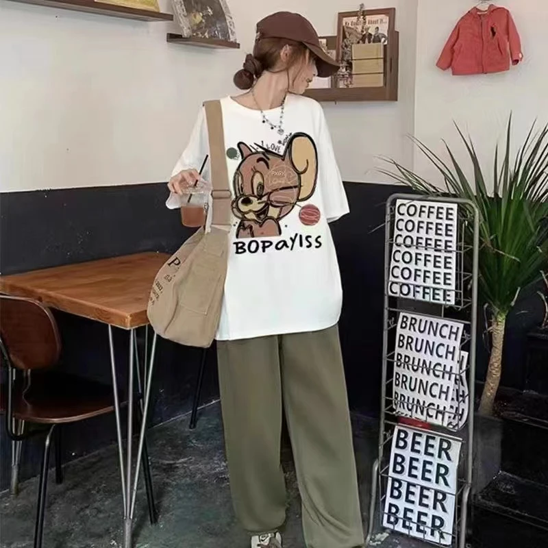 100%纯棉港风卡通杰瑞2025上衣女百搭宽松小众懒惰风圆领短袖T恤