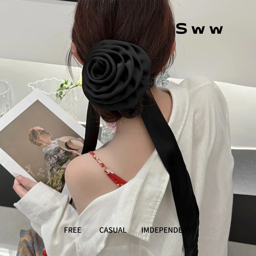 SWW丝巾花朵多用发夹可拆卸手工缎面超大花朵发夹