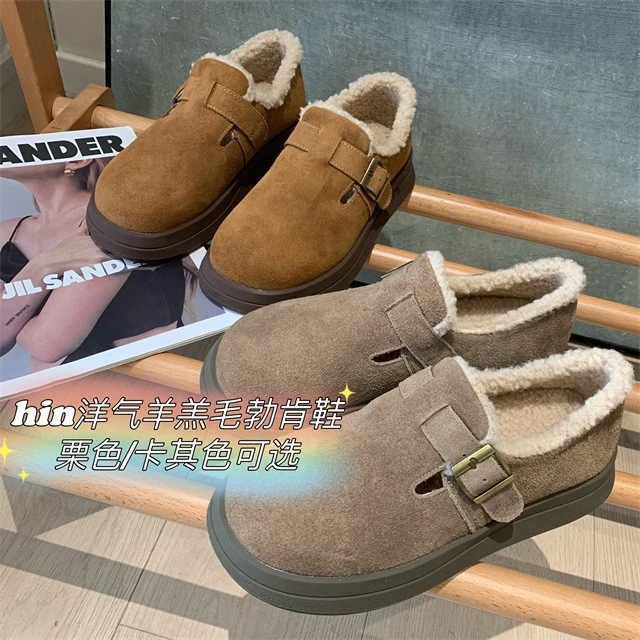 爆好穿加绒保暖羊羔毛勃肯鞋女百搭休闲圆头毛毛鞋冬季新