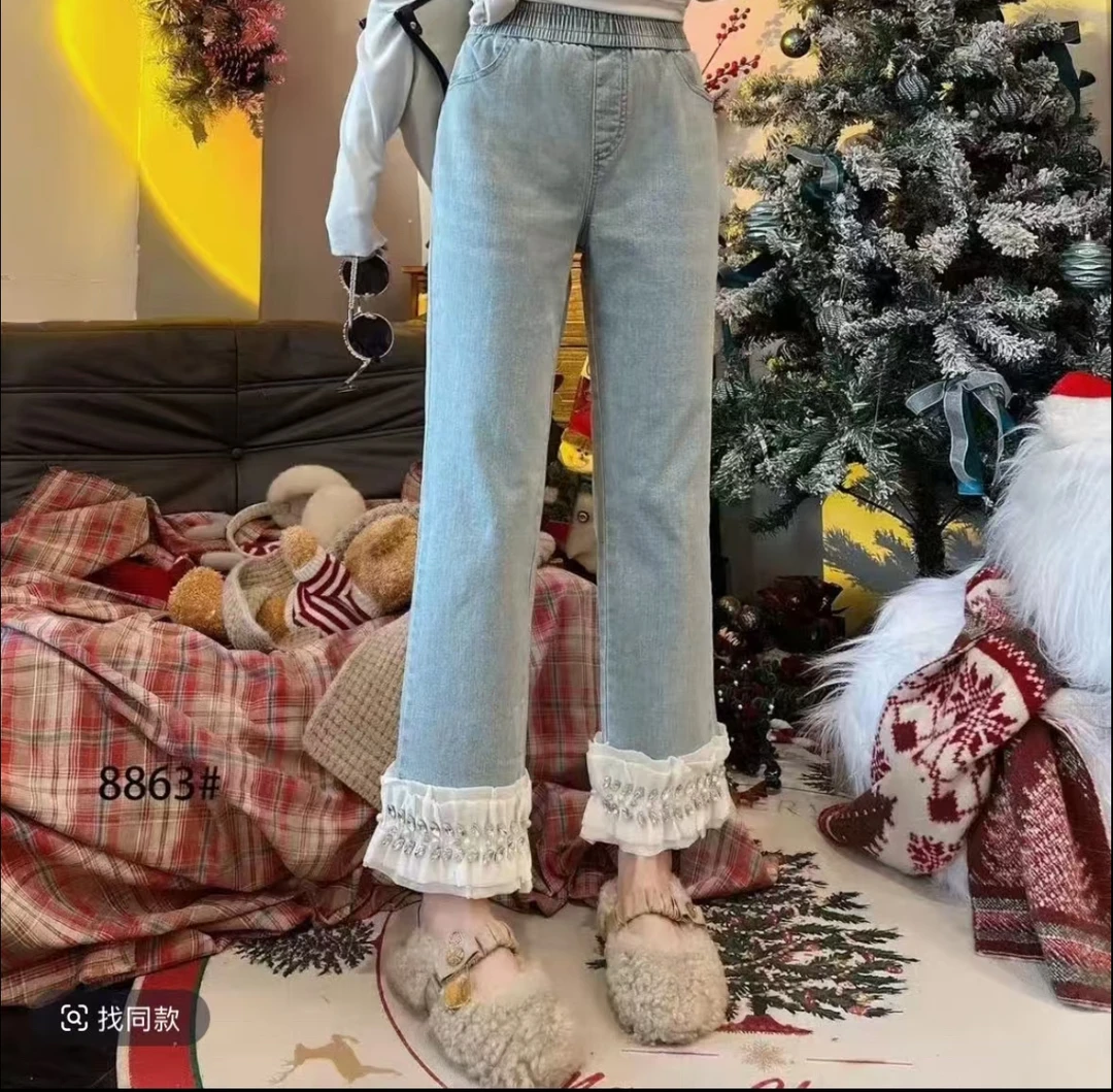 【晴儿家】大码女装秋冬款式修身重工水钻下摆直筒小脚铅笔裤