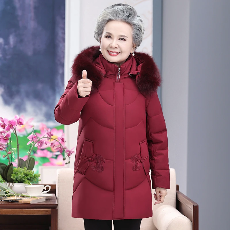 冬季新款中老年妈妈羽绒服女中长款连帽洋气老太太冬季加厚老人袄