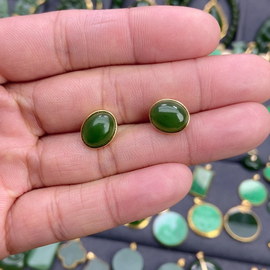 和田玉耳饰银S925镀金镶嵌