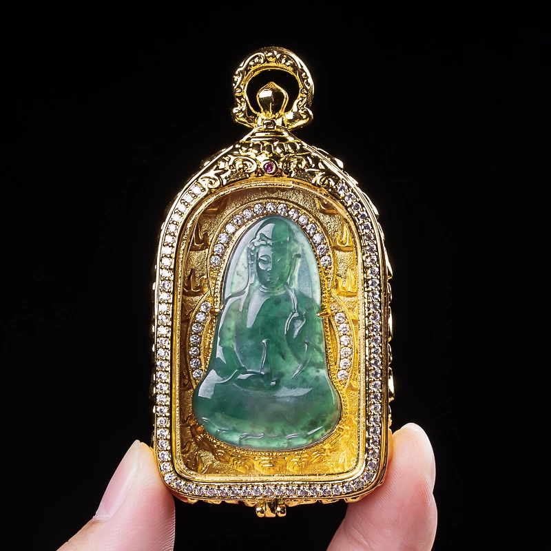 新品天然a货翡翠大观音牌铜镶嵌开盖时尚项链吊坠冰种玉挂件玉佩
