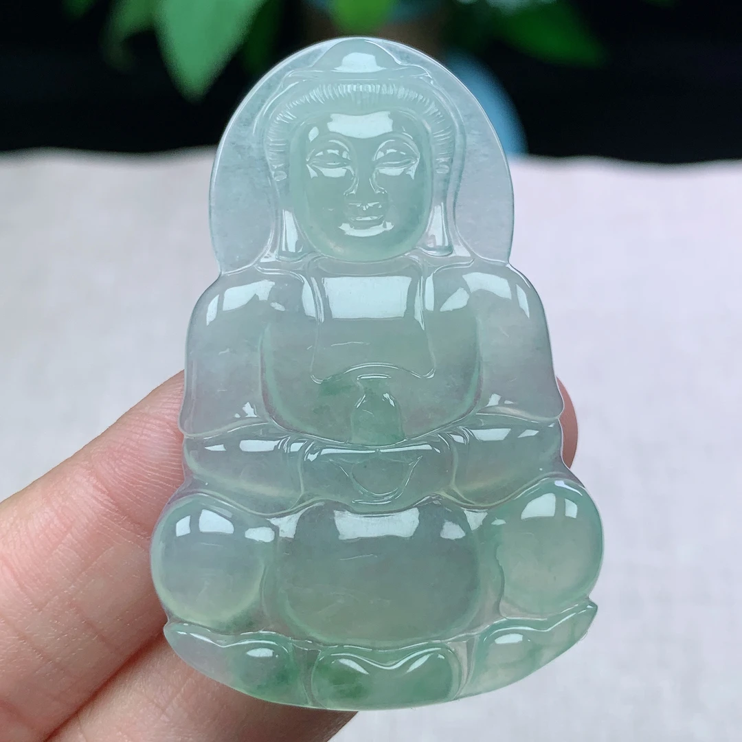 l缅甸天然翡翠A货53-35.4-4.6玉石老坑冰种晴水观音菩萨吊坠冰透