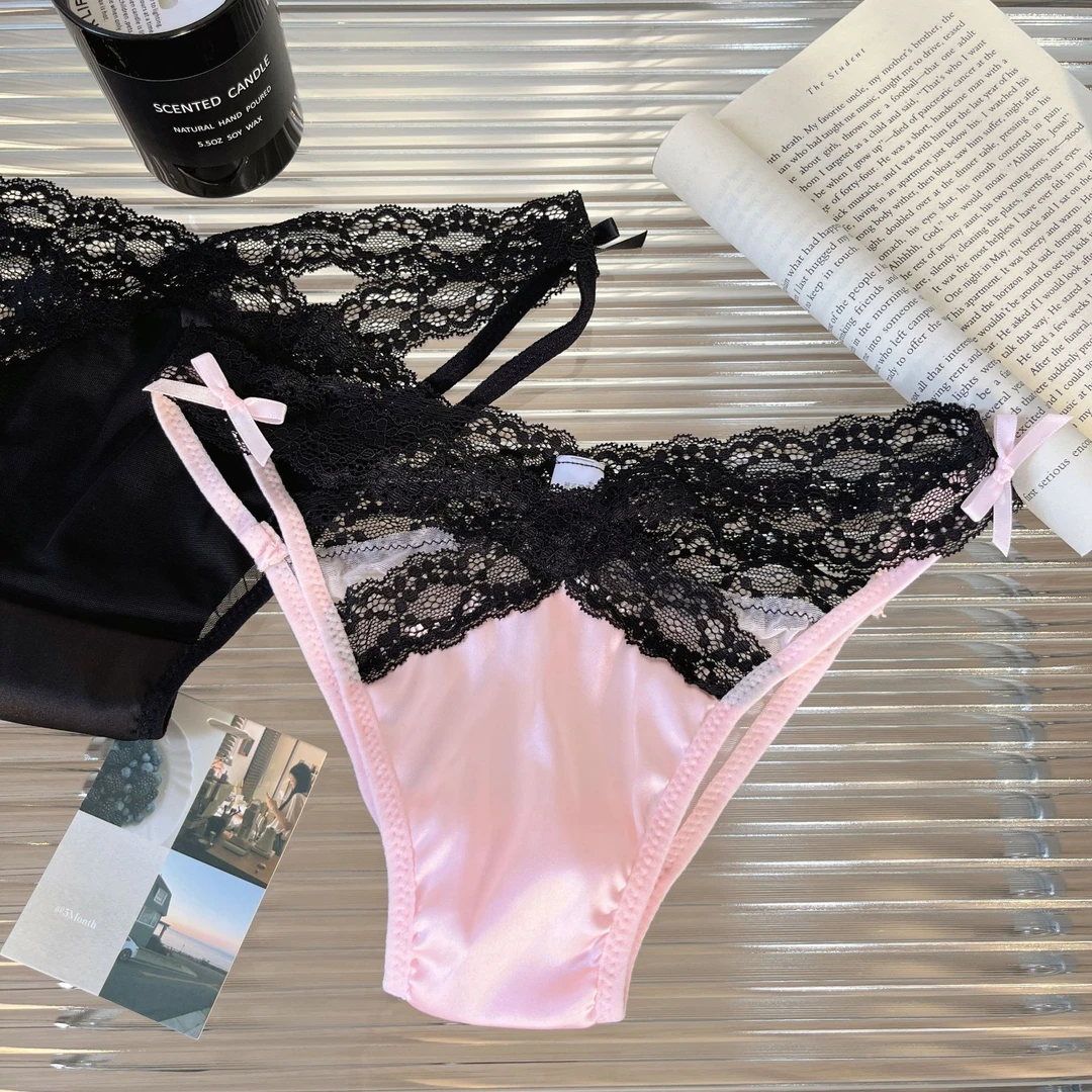 纯欲辣妹蕾丝边蝴蝶交叉镂空性感缎面内裤女