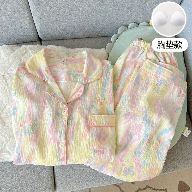 【带胸垫】长袖翻领睡衣女春秋季甜美可爱卡通家居服开衫套装139