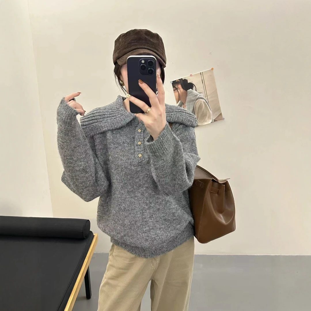 秋冬女士宽松翻领毛衣女2025新款加厚针织打底衫内搭可外穿冬季