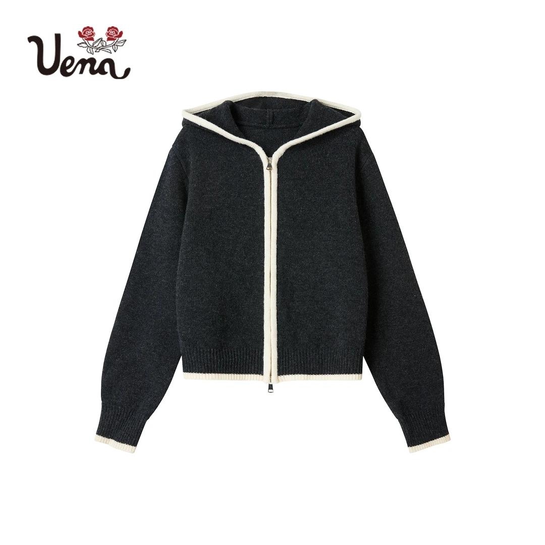 【慵懒时光】Uena秋冬休闲舒适百搭撞色拼接连帽全羊毛针织开衫女