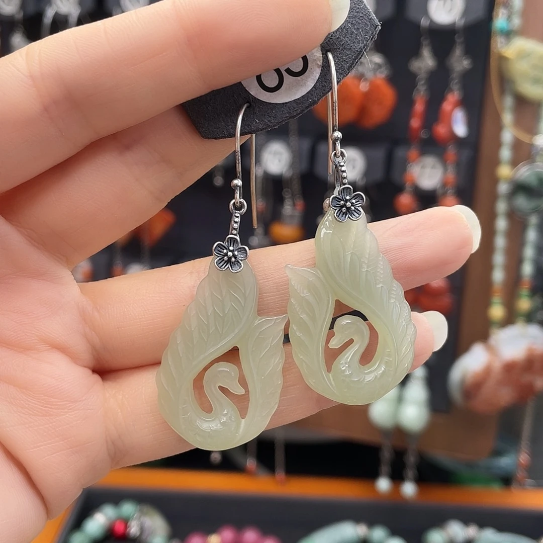 和田玉耳饰银S925镶嵌兰*705hhnjhy