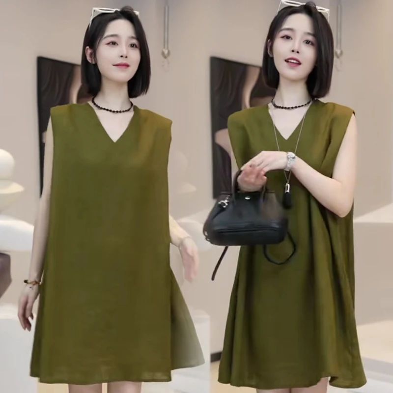 韩系简约高级感休闲绿色连衣裙女夏季设计感宽松气质减龄百搭短裙