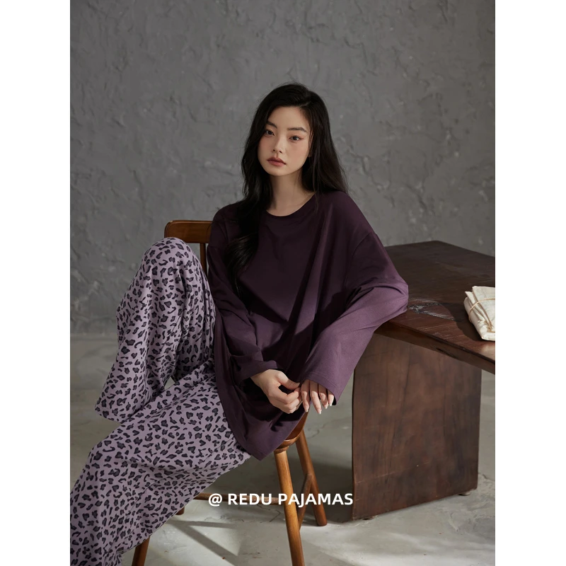 【柔软棉】热妒紫色豹纹睡衣女春秋带胸垫高级感可外穿家居服套装