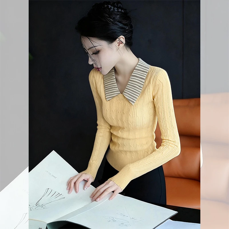 独特漂亮黄色翻领小衫假两件麻花针织衫洋气高贵上衣服女装秋冬季
