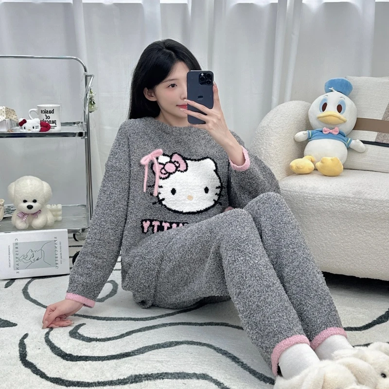 爆款绒款女士睡衣冬季甜美保暖家居服加绒加厚卡通Kitty外穿套装