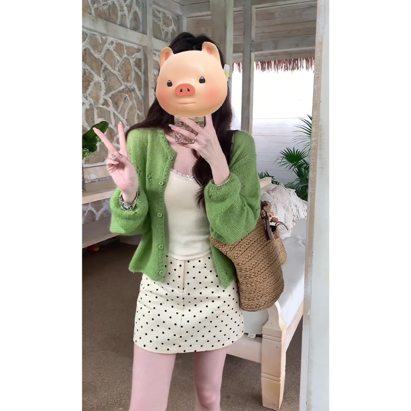 绿色圆领镂空冰丝防晒开衫女夏季薄款外搭针织外套短款空调衫上衣