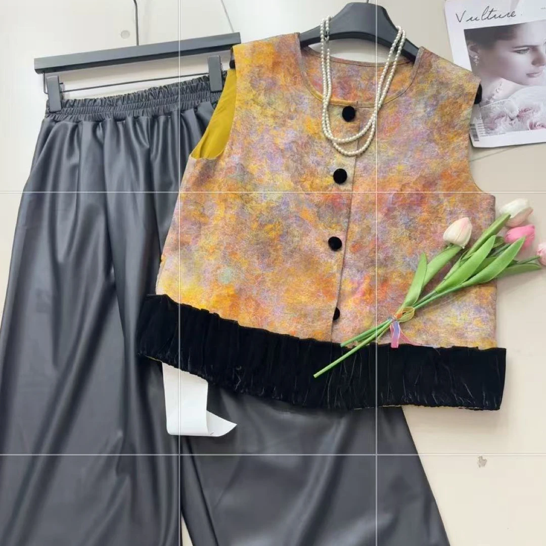 路路家国风马甲秋季女常规款提花单排扣拼接马夹上衣无袖休闲花色