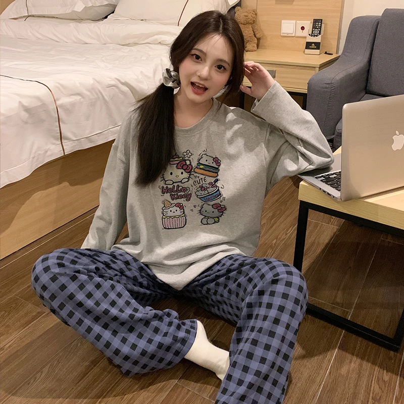 春秋新款纯棉睡衣女夏季长袖长裤圆领套装卡通可爱大码宽松家居服