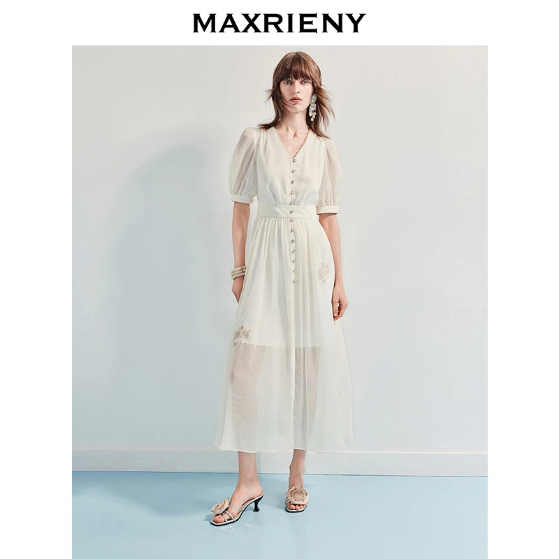 MAXRIENY25年夏季新款白色初恋连衣裙法式优雅中长款订婚小