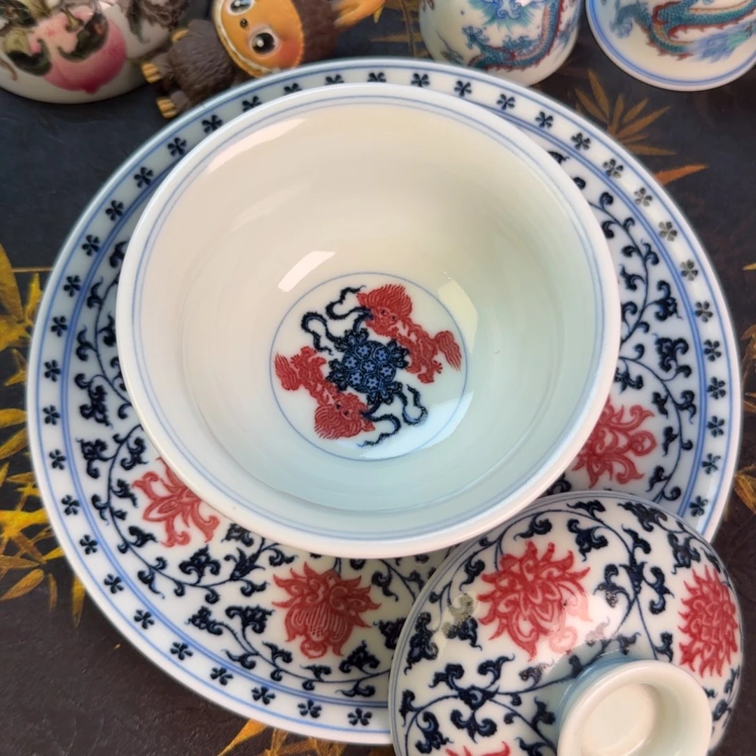 缠枝莲釉里红盖碗➕壶承