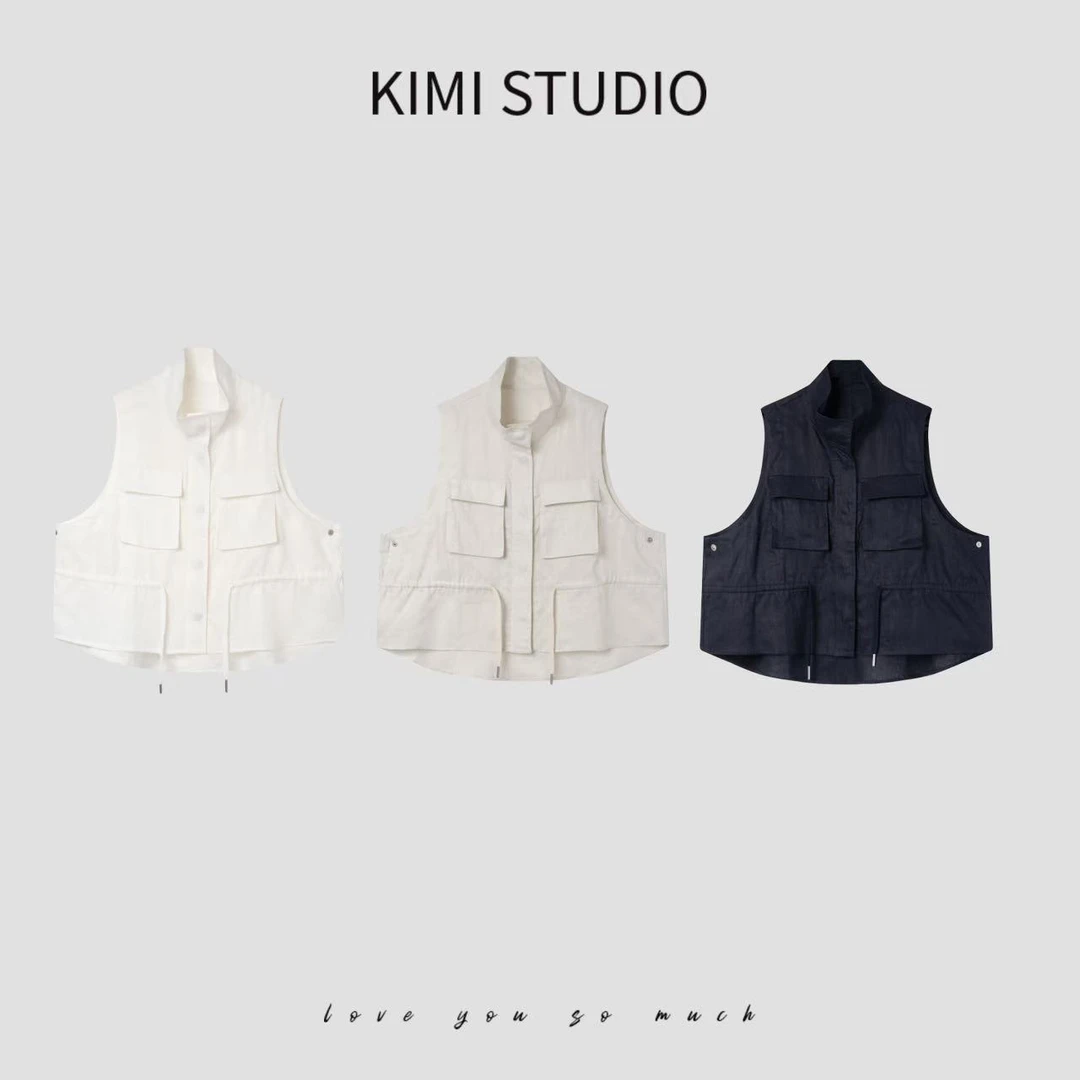 老钱风立领小众设计夏季100%亚麻工装风专机特质抽绳马甲SS251661