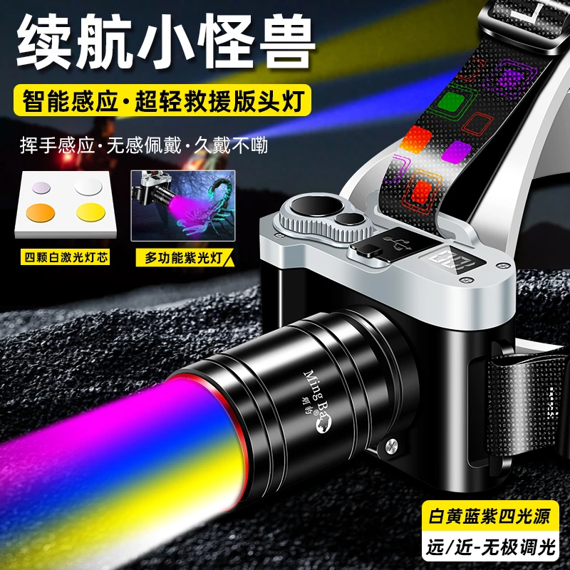 明豹铝合金灯头雷达感应头灯白蓝黄紫光调焦液晶显示强光头灯F