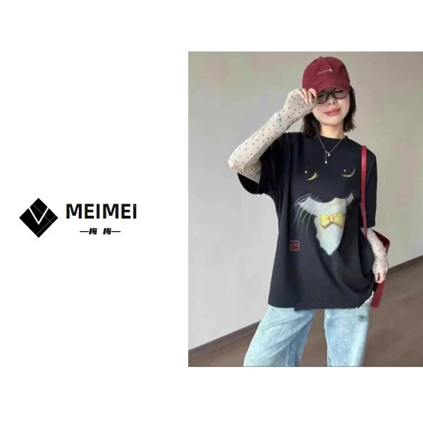 XMM【波点猫咪长袖T恤】时尚百搭潮流显瘦休闲打底夏季宽松印花圆领