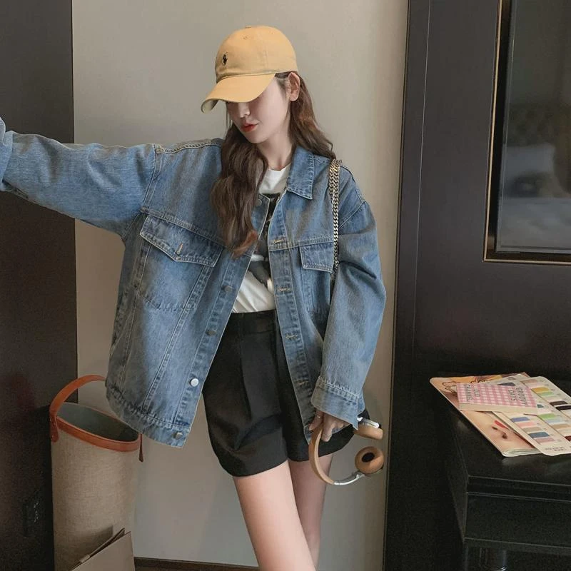 2024春秋新款美式复古高级感水洗宽松bf慵懒风上衣时尚牛仔外套女