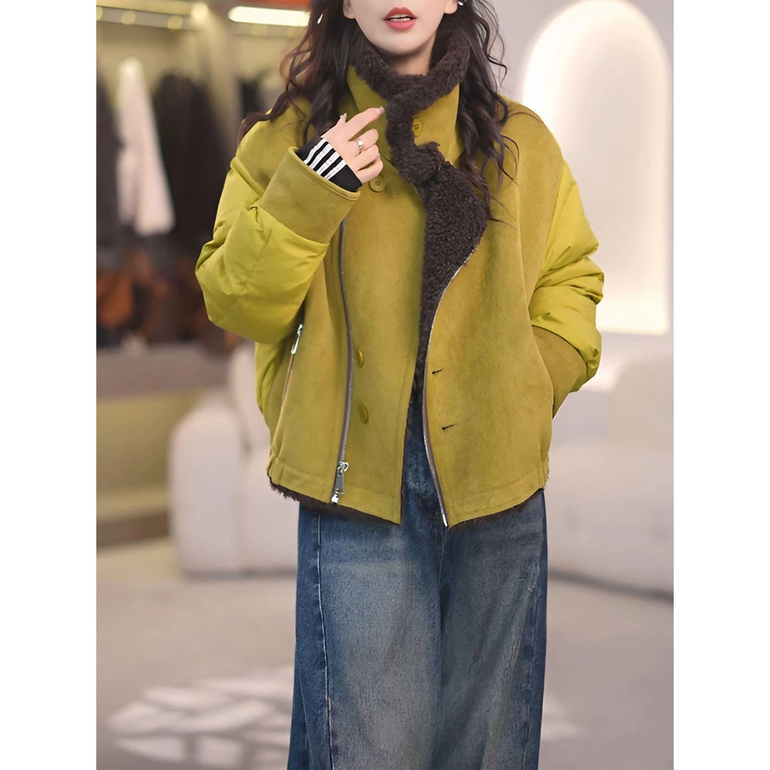 复古毛毛翻领拼接短外套女冬季新款时尚宽松休闲加厚保暖撞色上衣