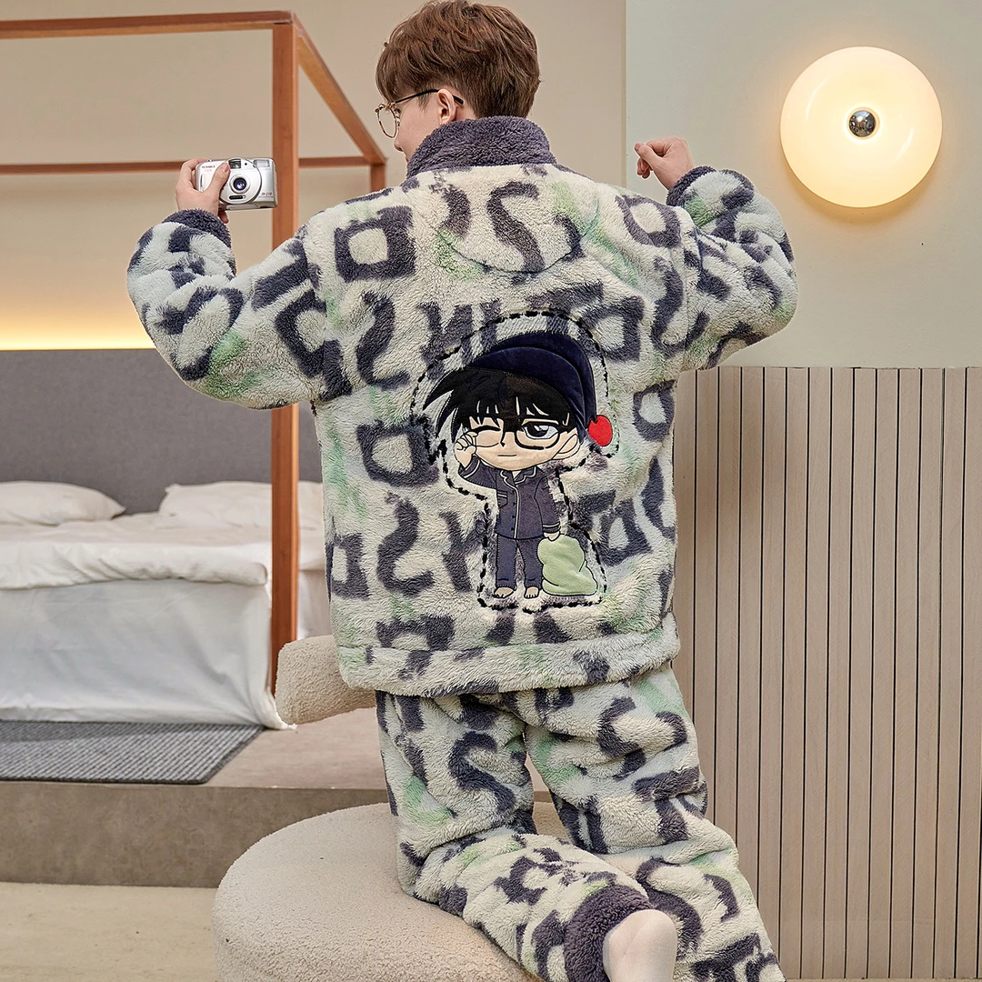 男士睡衣秋冬季加绒加厚珊瑚绒保暖青少年学生加大码法兰绒家居服