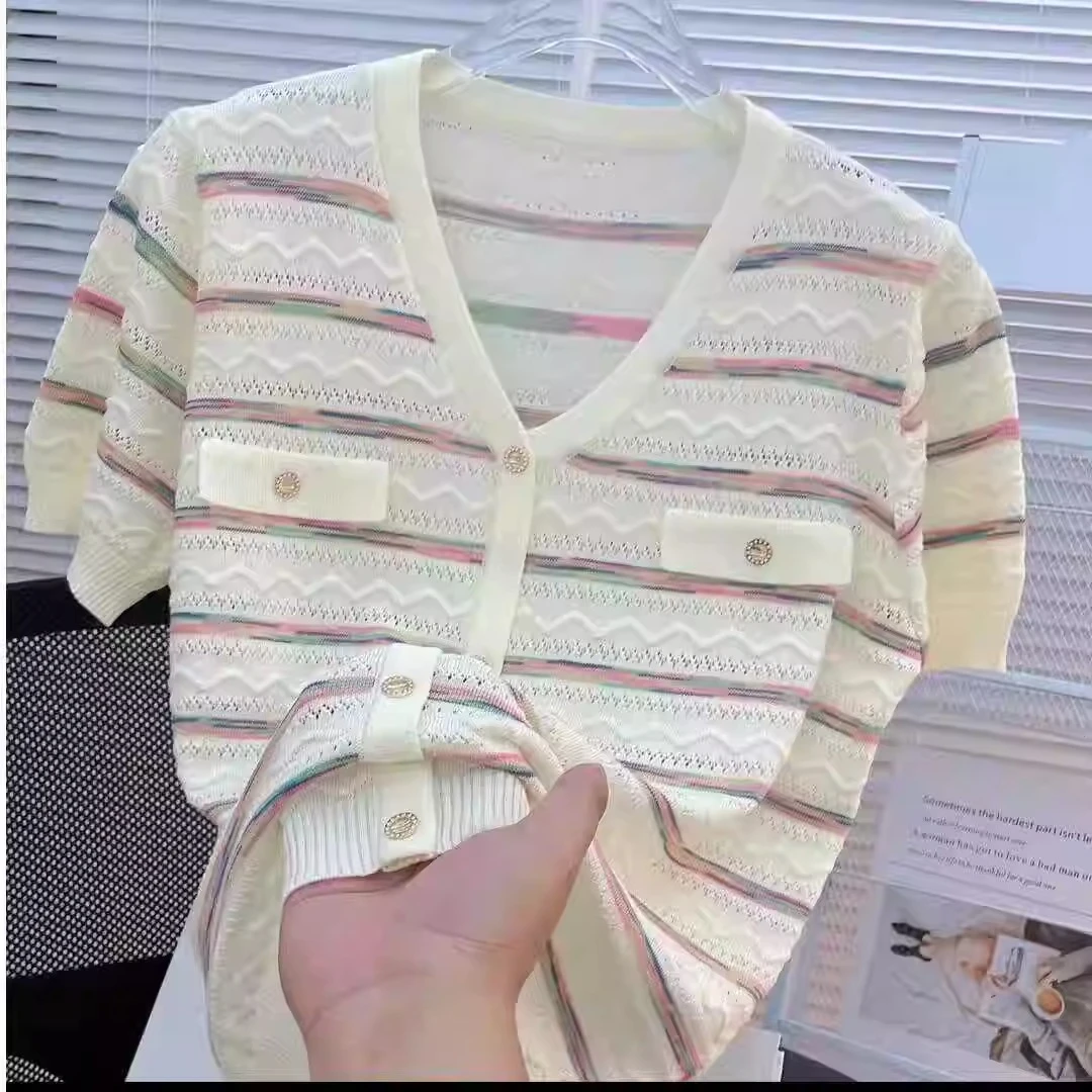 宽松显瘦【90-160斤】冰丝短袖女小香风假开衫V领气质镂空薄款百搭