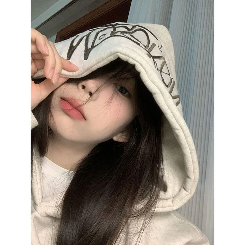 小众美式复古连帽卫衣女秋冬季加绒加厚字母刺绣宽松情侣外套上衣