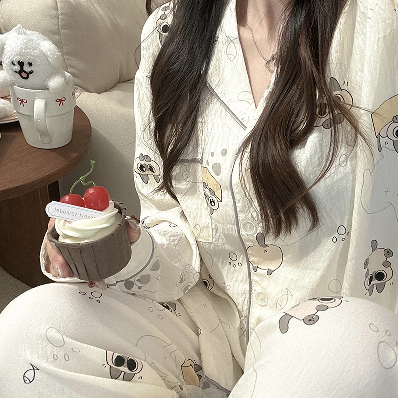 卡通惊喜盒子龙猫睡衣女ins春秋季云朵棉长袖长裤可爱条纹家居服