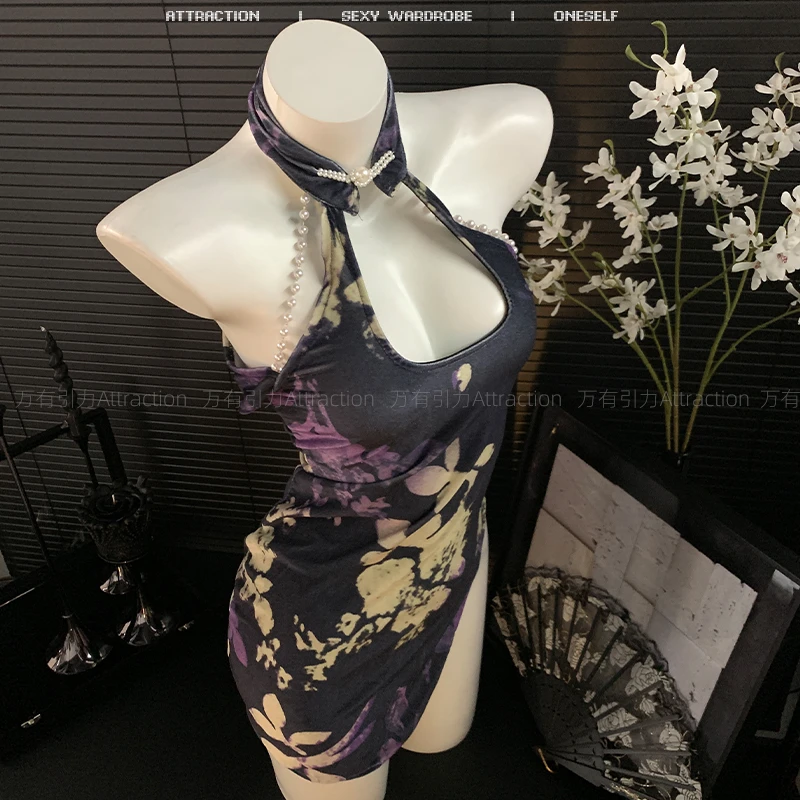 万有引力【黛紫梨花】新中式水墨印染紫色旗袍睡衣女款爆款2025新款