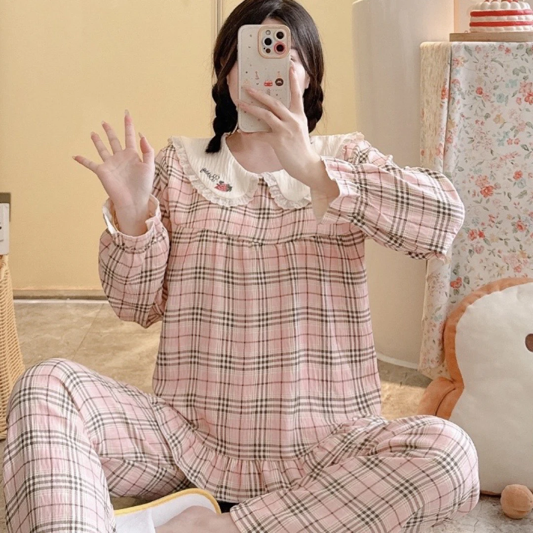 99-春秋款甜美红拼粉格套头长袖长裤套装